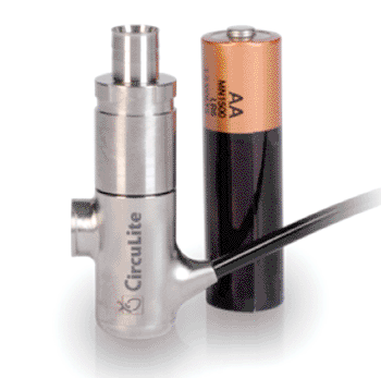 Image: The Synergy Circulatory Support System compared to a battery (Photo courtesy of CircuLite).